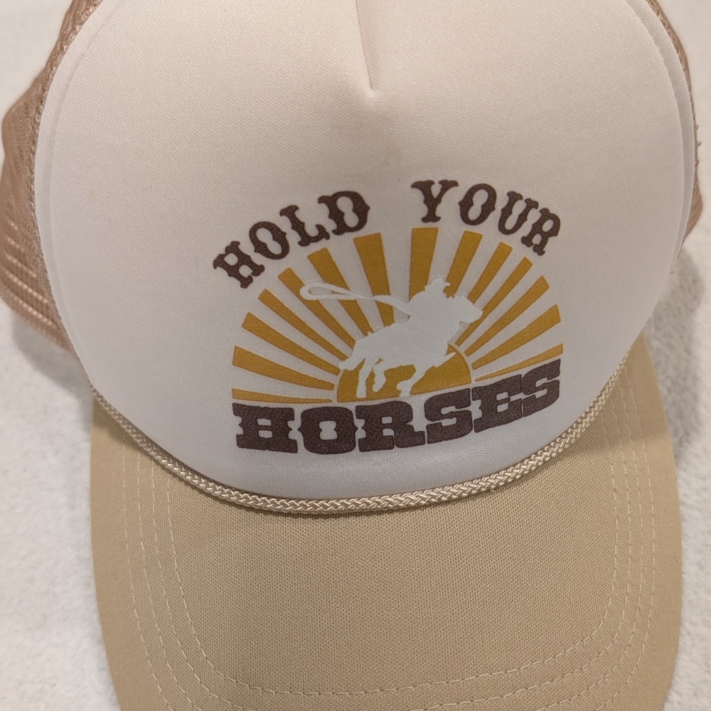 Hold Your Horses Trucker Hat Tan Brown Mesh Cap EUC